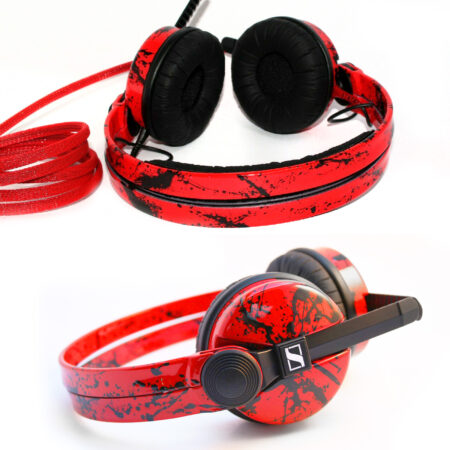 Custom Cans Red Sparkle Black Splatter Sennheiser HD25 headphones