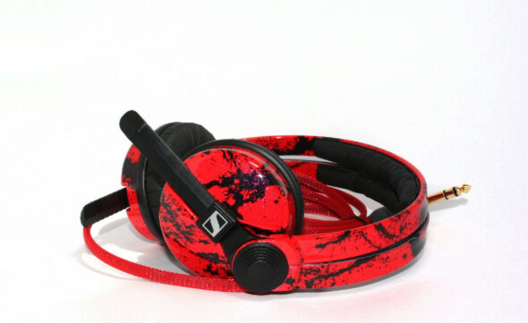 Sennheiser HD25s in red with black splatter design DJ Headphones 2