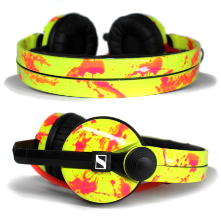 Custom Cans Neon UV Yellow with Red Splatter Sennheiser HD25 Ready to Ship