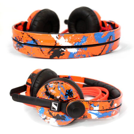 Custom Cans Neon UV Orange with Blue, Black and White Splatter Sennheiser HD25 Ready to Ship