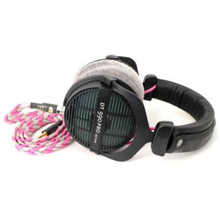 Custom Cans Beyerdynamic DT990 headphones with modified drivers, pink and light grey 1.25m litz cable with 4.4mm jack Ready to Ship