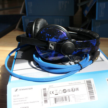 Custom Cans Shimmer Black with Shimmer Blue Splatter Sennheiser HD25 DJ Headphones Ready to Ship