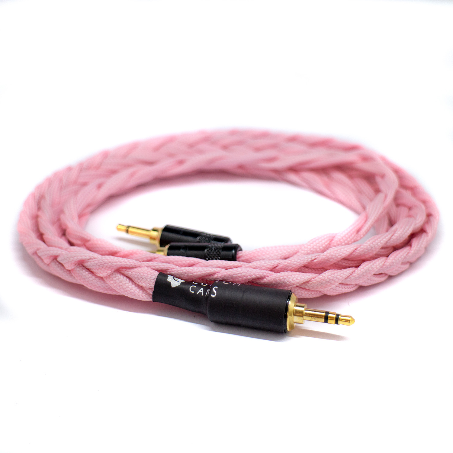 Hand-braided custom OFC Litz copper cable for Denon, Focal, and Hifiman headphones with 3.5mm TRS jack, pink paracord braid