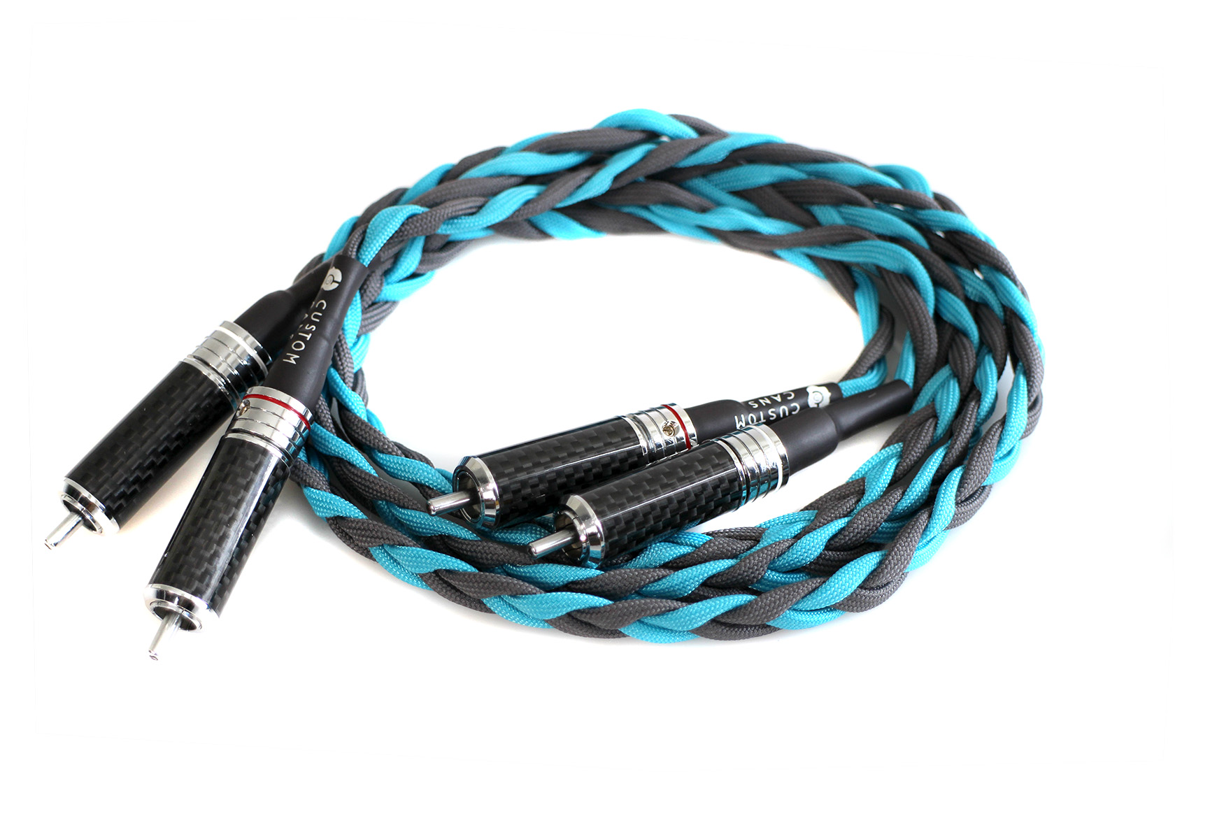 Custom hand braided braided RCA cable in Turquoise and Dark Grey